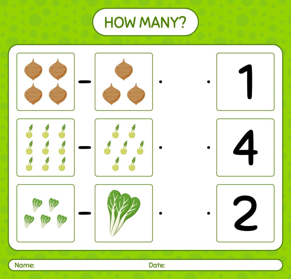 How many counting game with vegetables. worksheet for preschool kids, kids activity sheet, printable worksheet vector