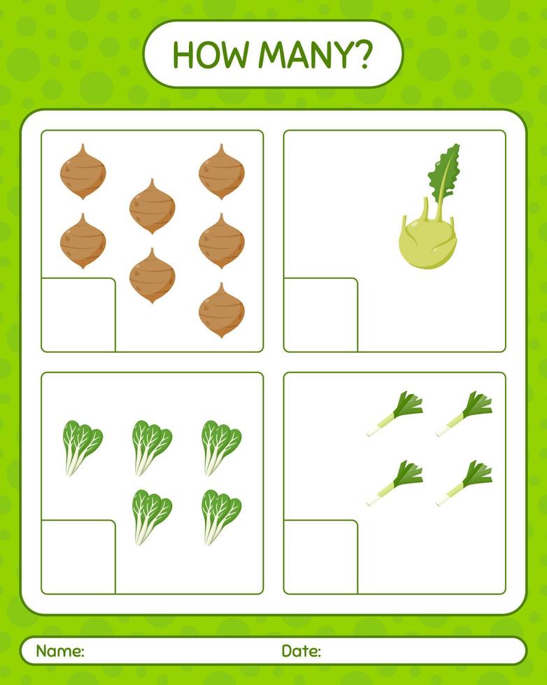 How many counting game with vegetables. worksheet for preschool kids, kids activity sheet, printable worksheet vector