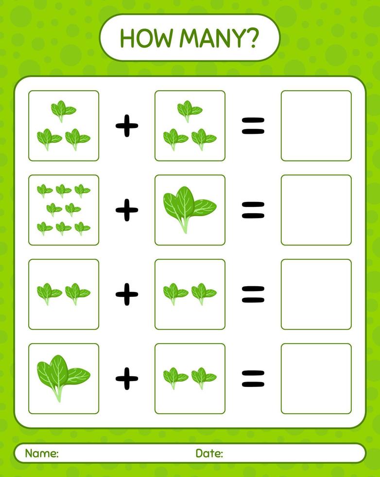 How many counting game with spinach. worksheet for preschool kids, kids activity sheet, printable worksheet vector