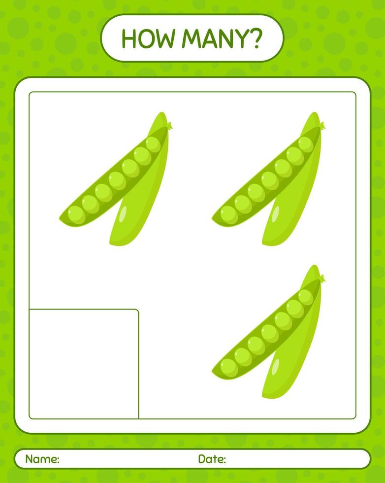 How many counting game with peas. worksheet for preschool kids, kids activity sheet, printable worksheet vector