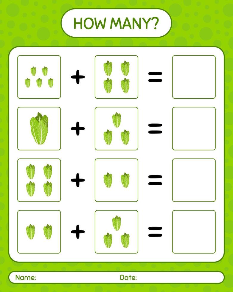 How many counting game with lettuce. worksheet for preschool kids, kids activity sheet, printable worksheet vector