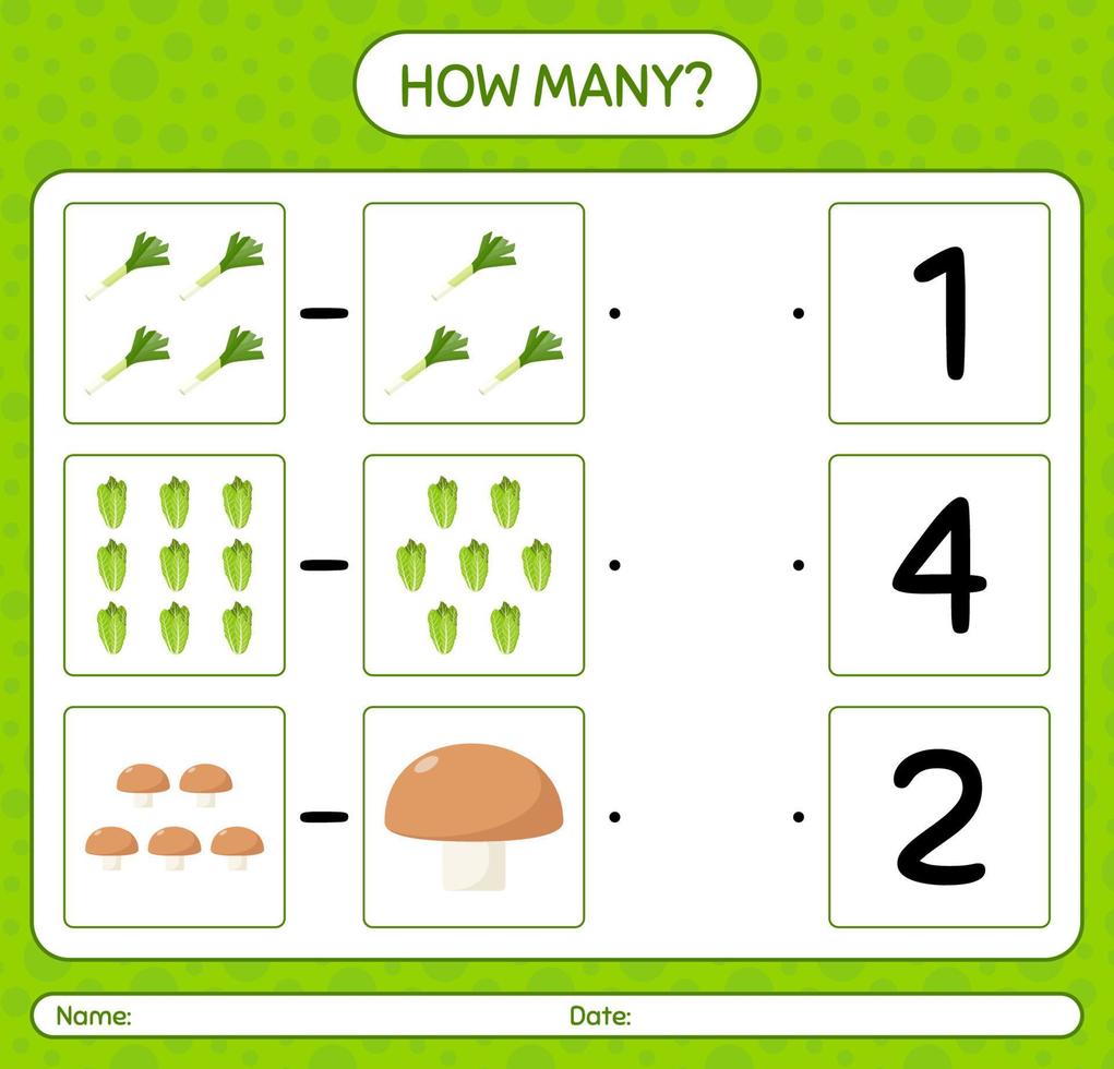 How many counting game with vegetables. worksheet for preschool kids, kids activity sheet, printable worksheet vector