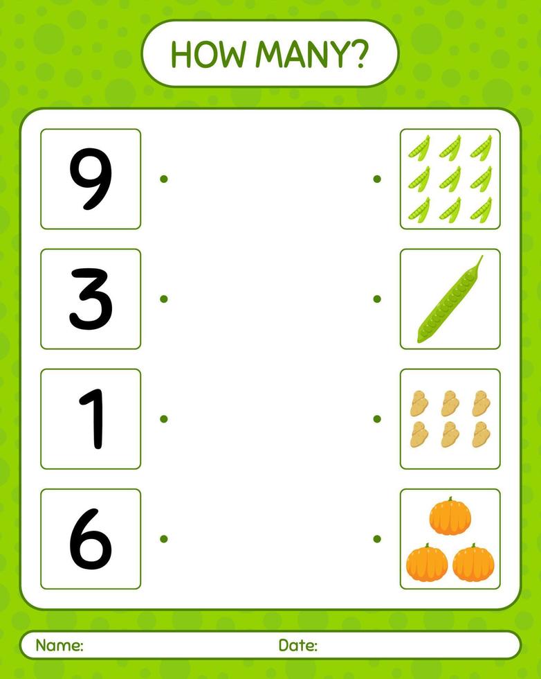 How many counting game with vegetables. worksheet for preschool kids, kids activity sheet, printable worksheet vector