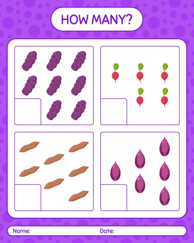 How many counting game with vegetables. worksheet for preschool kids, kids activity sheet, printable worksheet vector