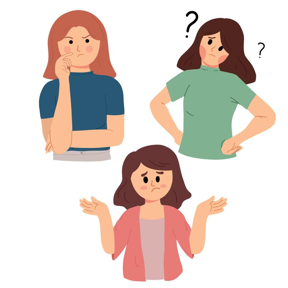 a set of confused woman with question mark illustration vector