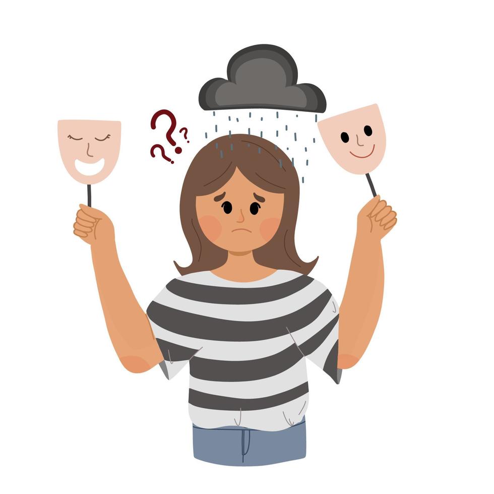 mujer con problemas de salud mental con sonrisa y cara feliz confunde ilustración triste vector