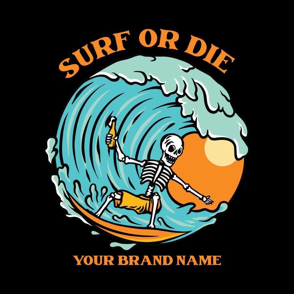 Vintage surfing skull with beer vector illustration