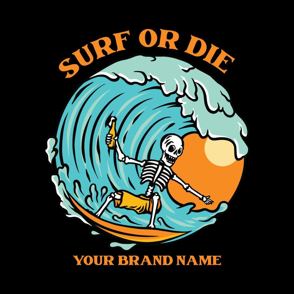 Vintage surfing skull with beer vector illustration 7102879