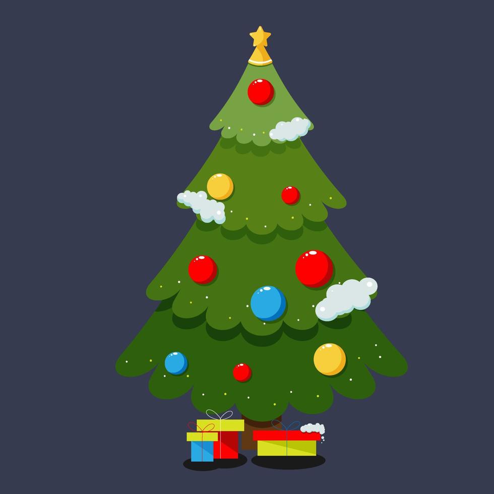 Christmas tree. Evergreen tree with decorations and gifts. Christmas and New Year celebration concept. Cartoon style, colorful drawing. vector