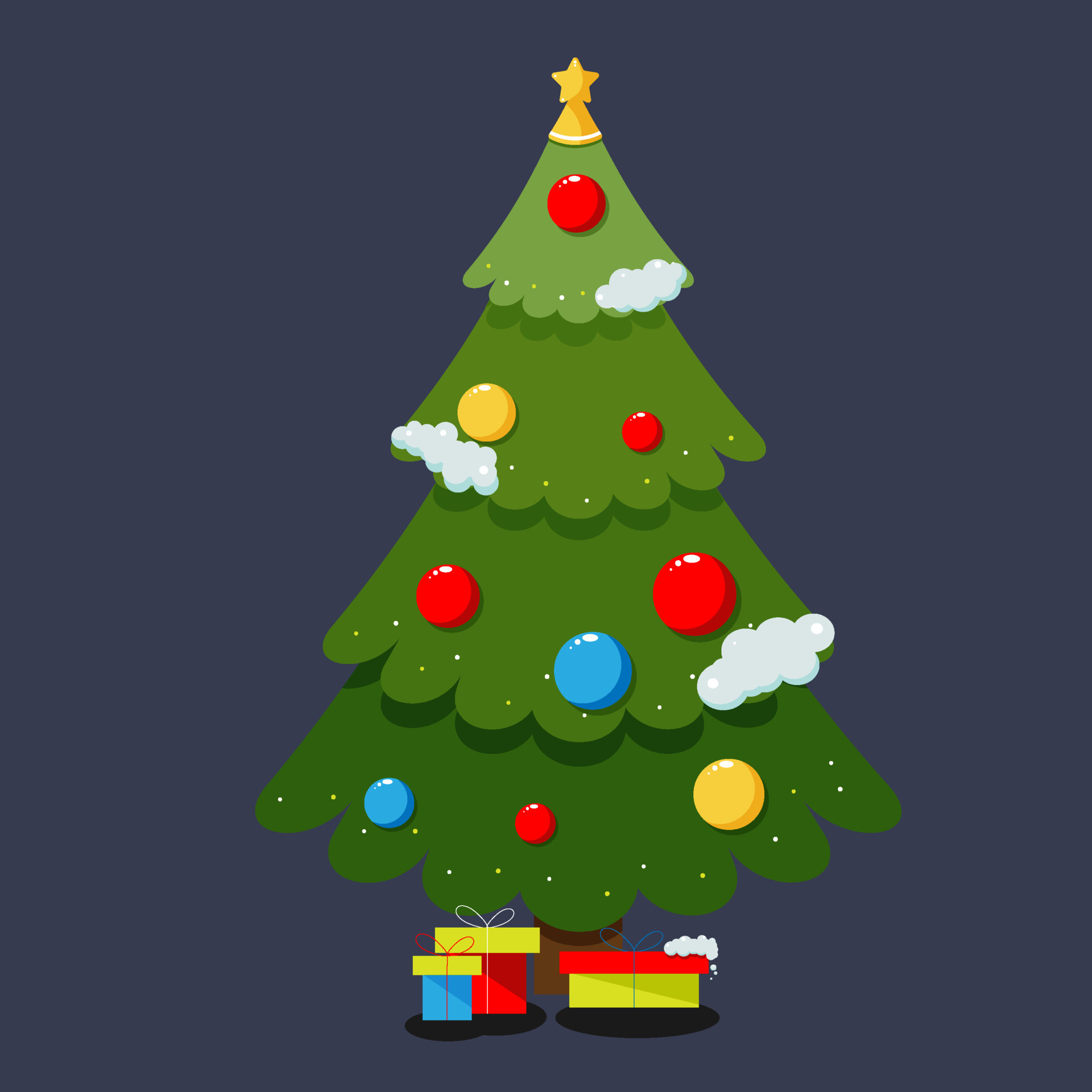Christmas tree. Evergreen tree with decorations and gifts. Christmas and  New Year celebration concept. Cartoon style, colorful drawing. 7102885  Vector Art at Vecteezy