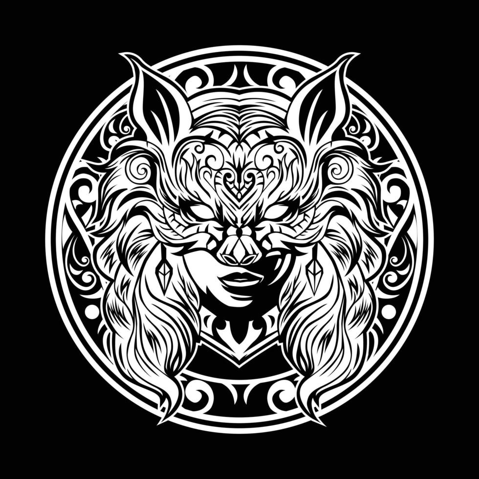 Woman with Wolf Mask Illustration Tattoo Vector