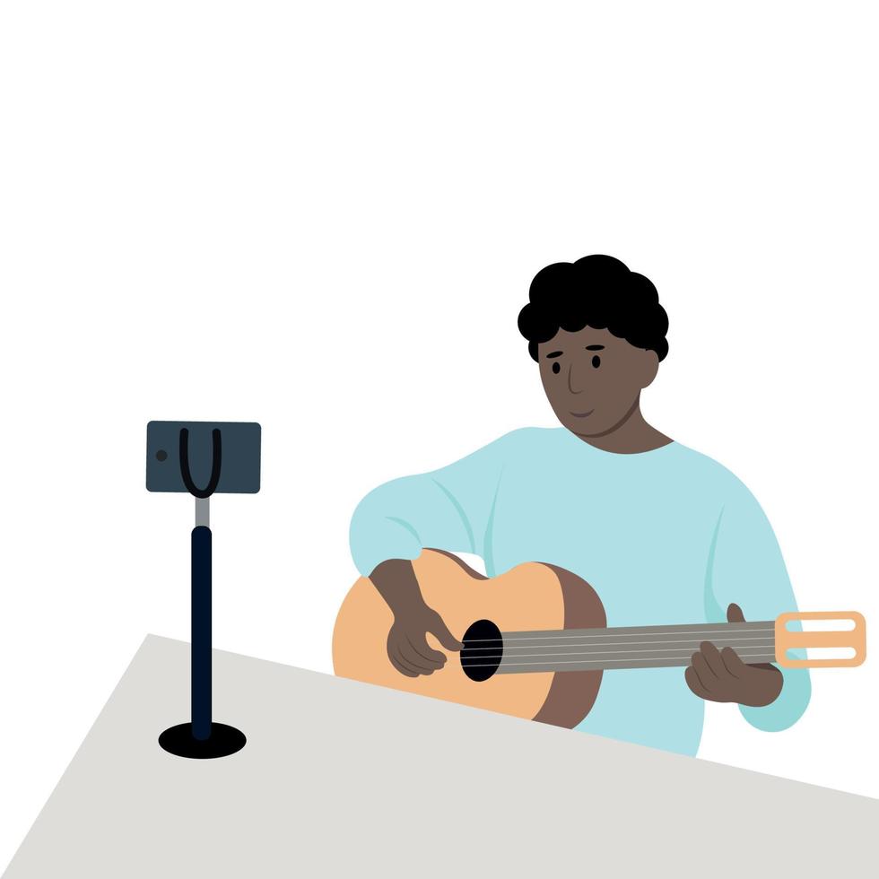 un hombre negro graba un video sobre tocar la guitarra por teléfono, vector plano, aislado en un fondo blanco, blogger, líder de opinión, influenciador