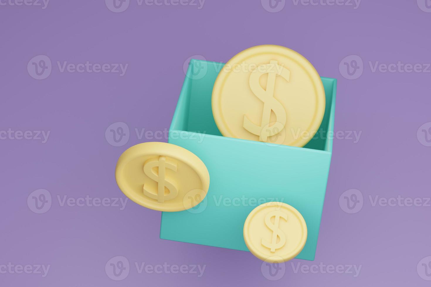 Coins floating from a box on purple background. Budget spending, money-saving concept. 3d render illustration photo