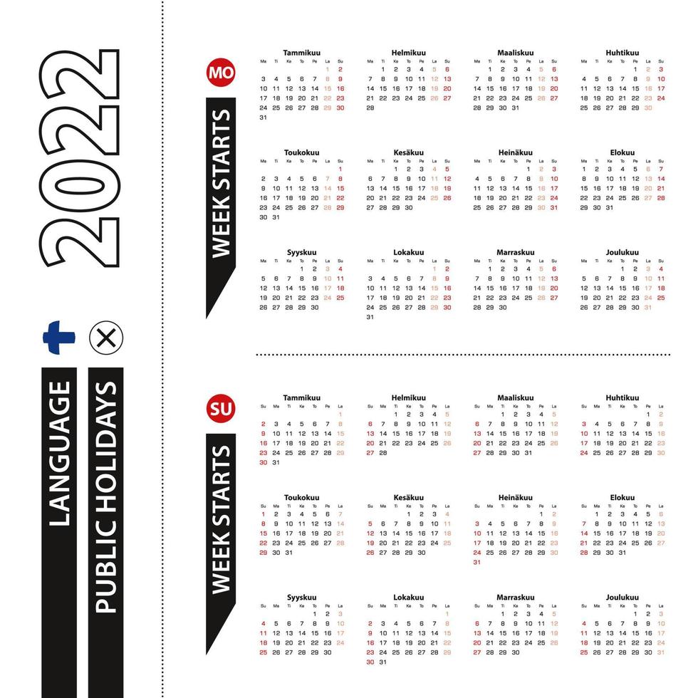 Two versions of 2022 calendar in Finnish, week starts from Monday and week starts from Sunday. vector