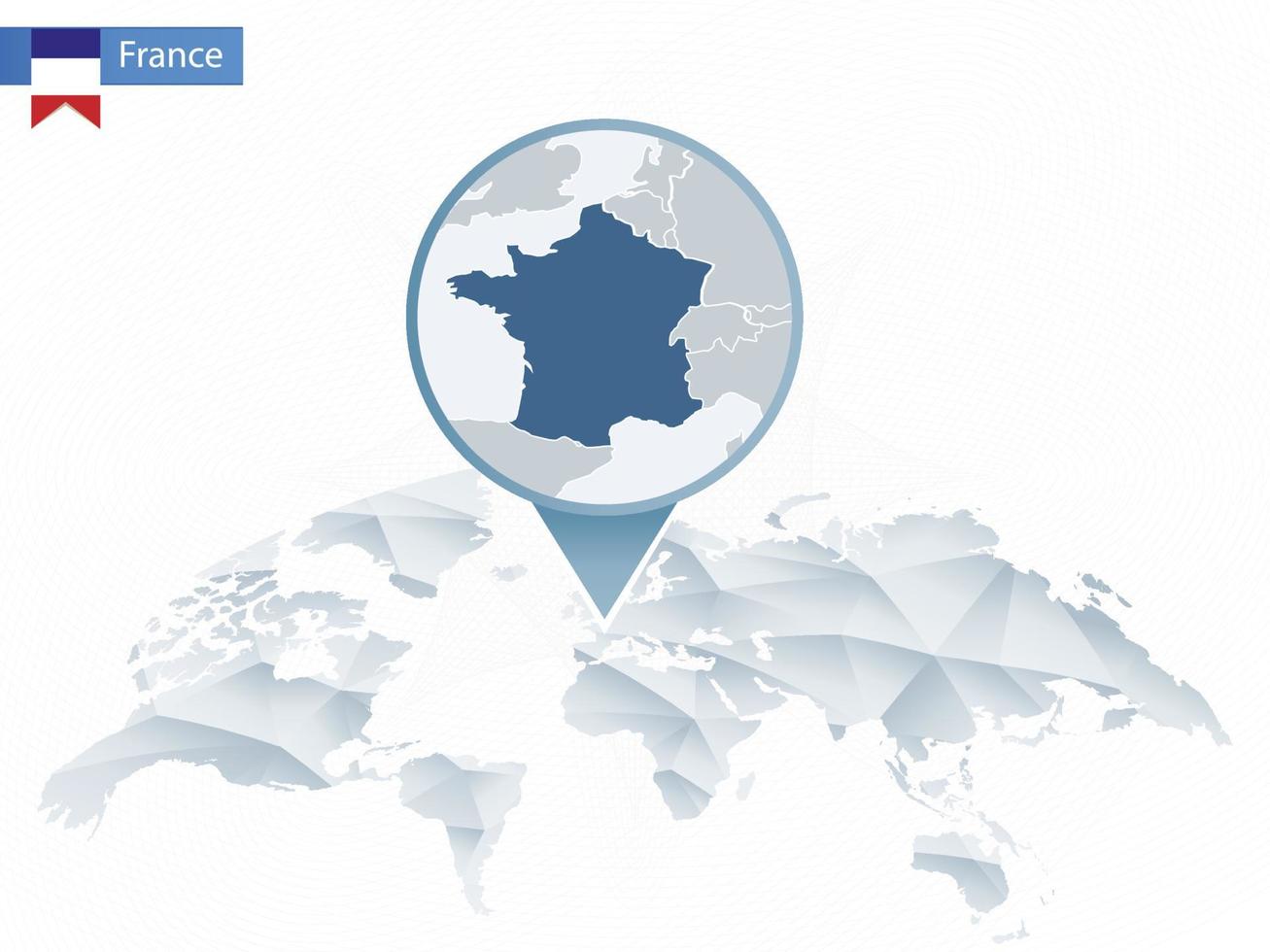 mapa del mundo redondeado abstracto con mapa de francia detallado fijado. vector