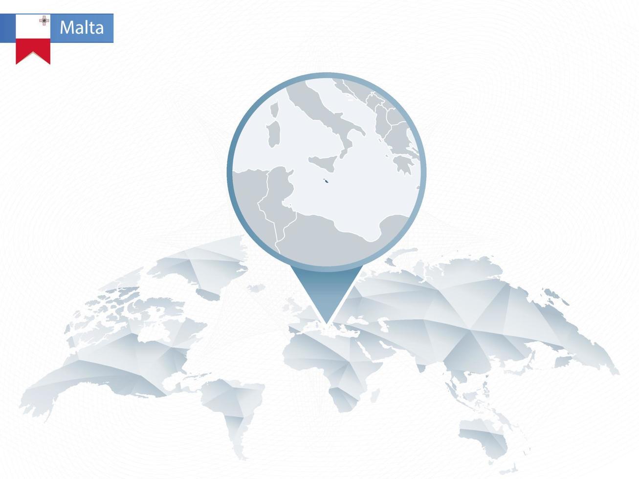 Abstract rounded World Map with pinned detailed Malta map. vector