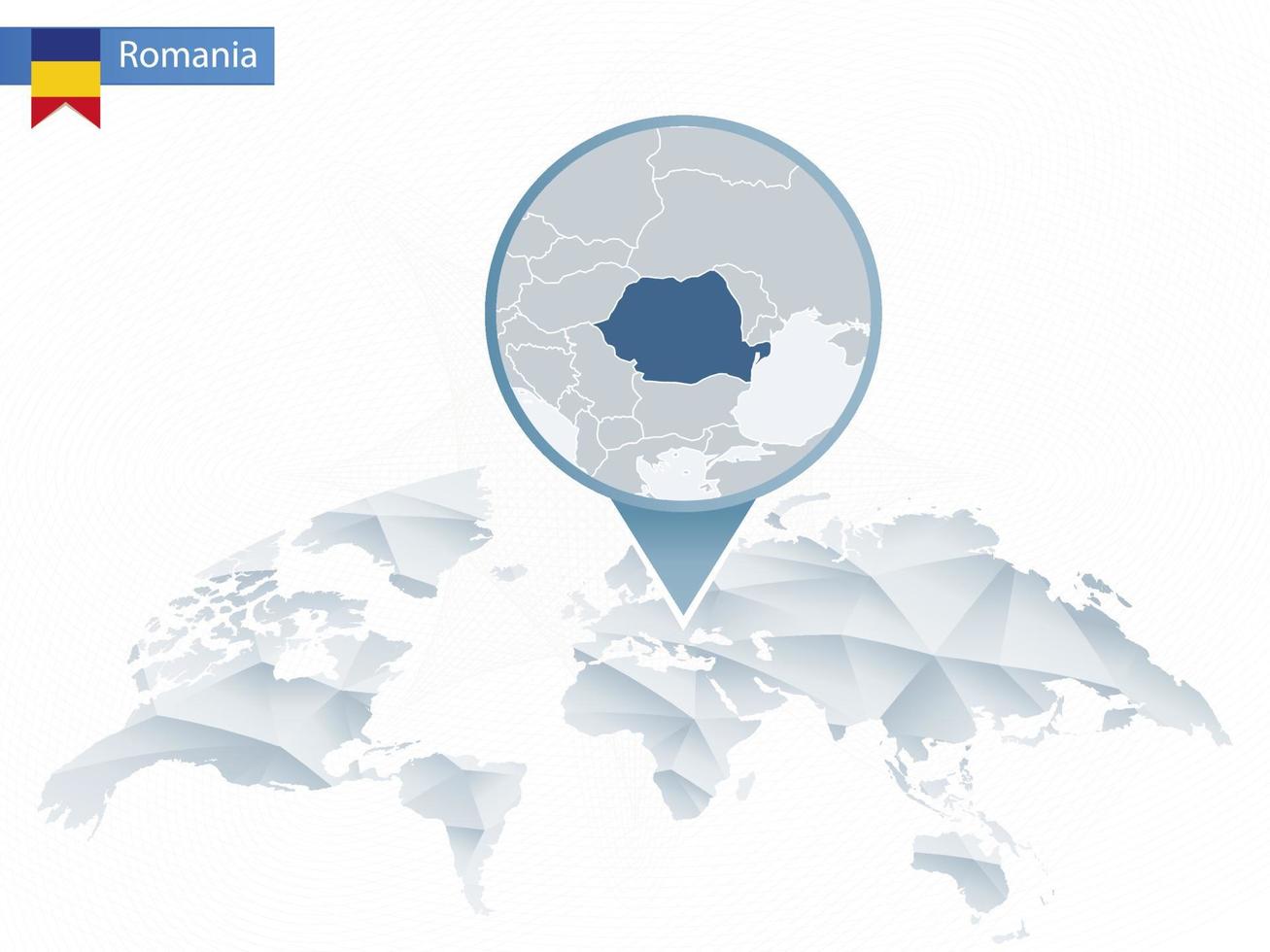 mapa del mundo redondeado abstracto con mapa de rumania detallado anclado. vector