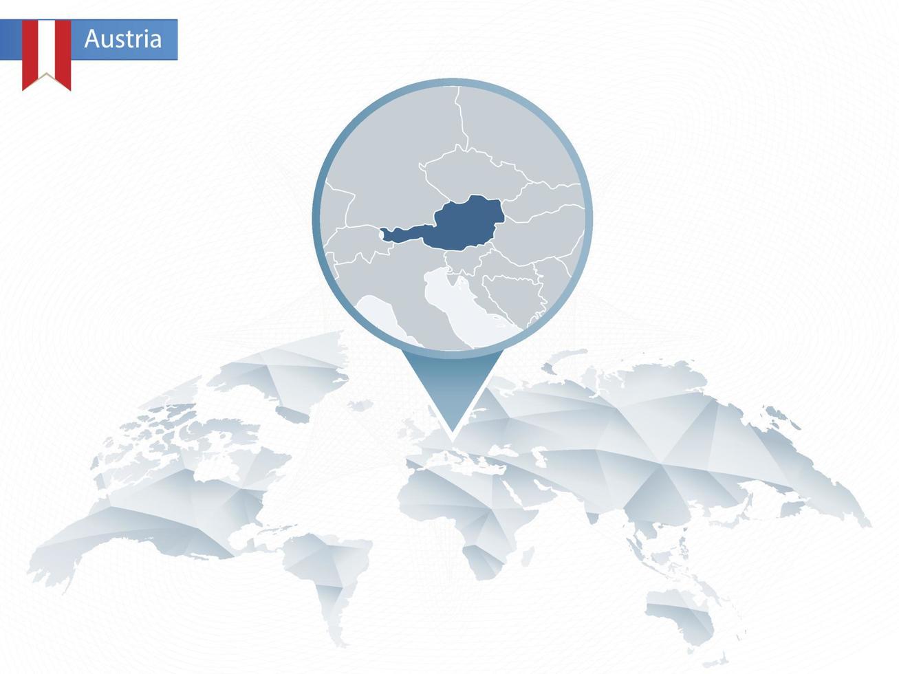 mapa del mundo redondeado abstracto con mapa de austria detallado anclado. vector