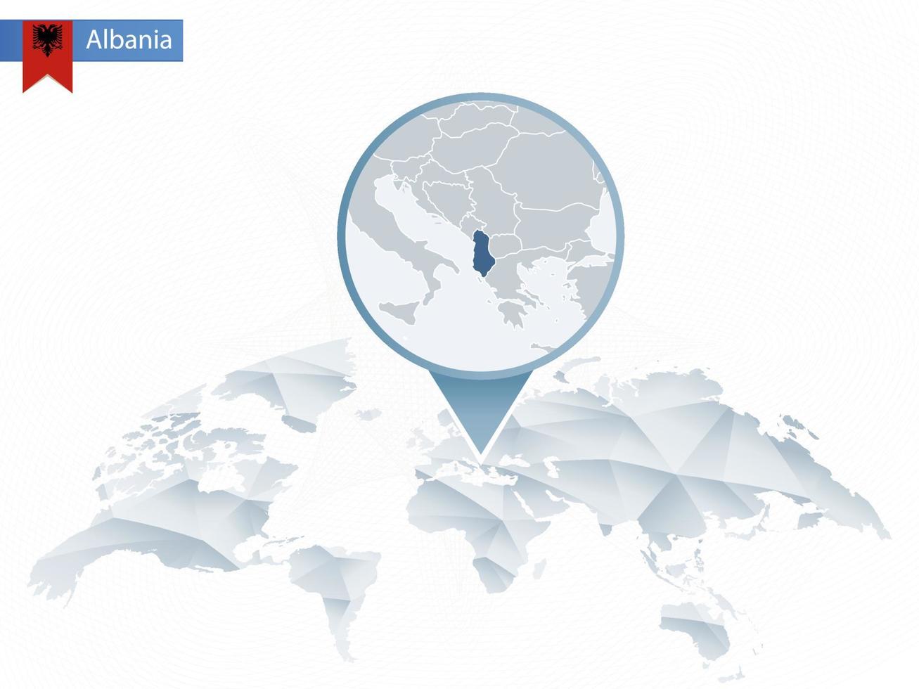 Abstract rounded World Map with pinned detailed Albania map. vector