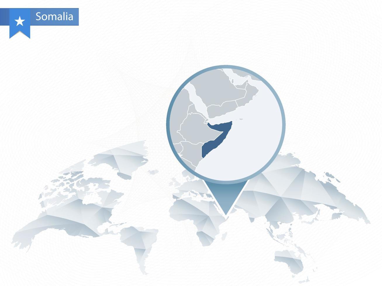 mapa del mundo redondeado abstracto con mapa de somalia detallado anclado. vector