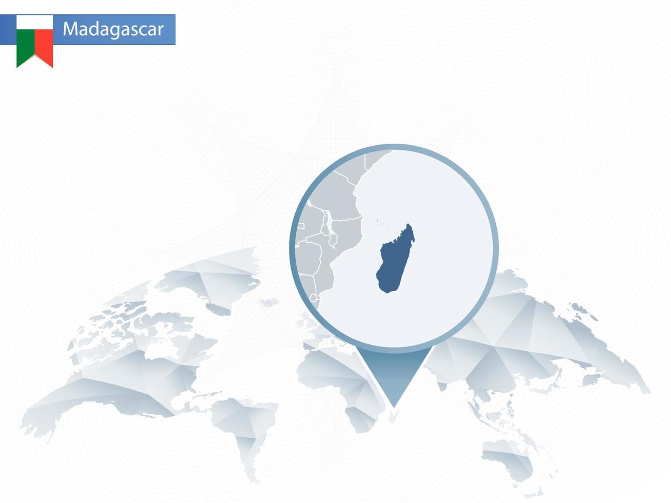 mapa del mundo redondeado abstracto con mapa de madagascar detallado anclado. vector