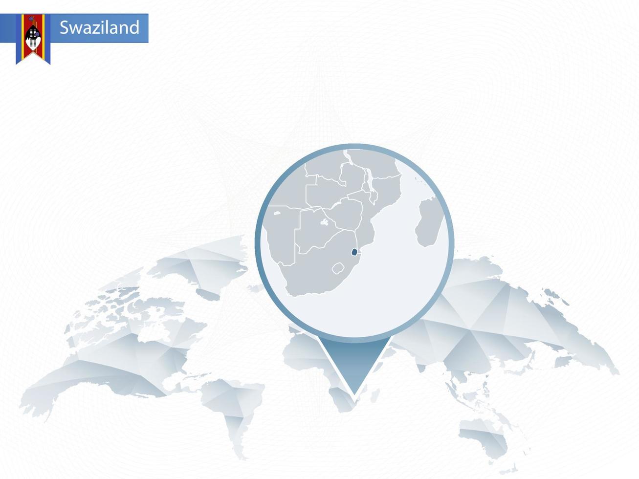 mapa del mundo redondeado abstracto con mapa detallado de swazilandia anclado. vector