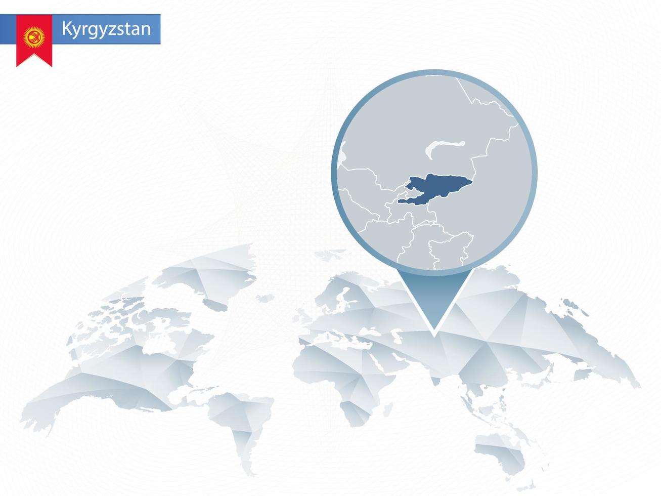 mapa del mundo redondeado abstracto con mapa detallado de kirguistán anclado. vector