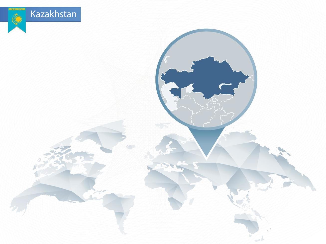 mapa del mundo redondeado abstracto con mapa detallado de kazajstán anclado. vector