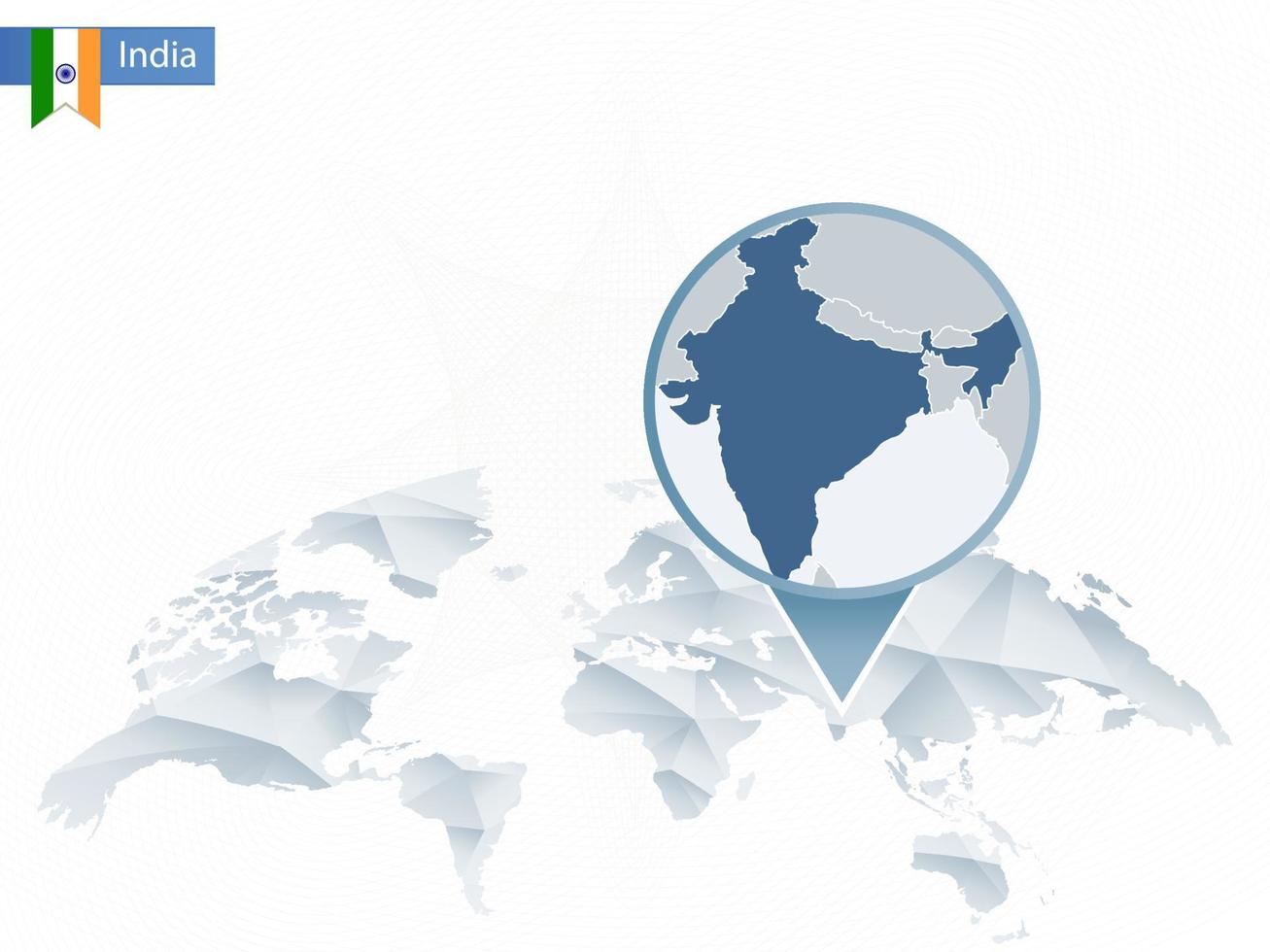 Abstract rounded World Map with pinned detailed India map. vector