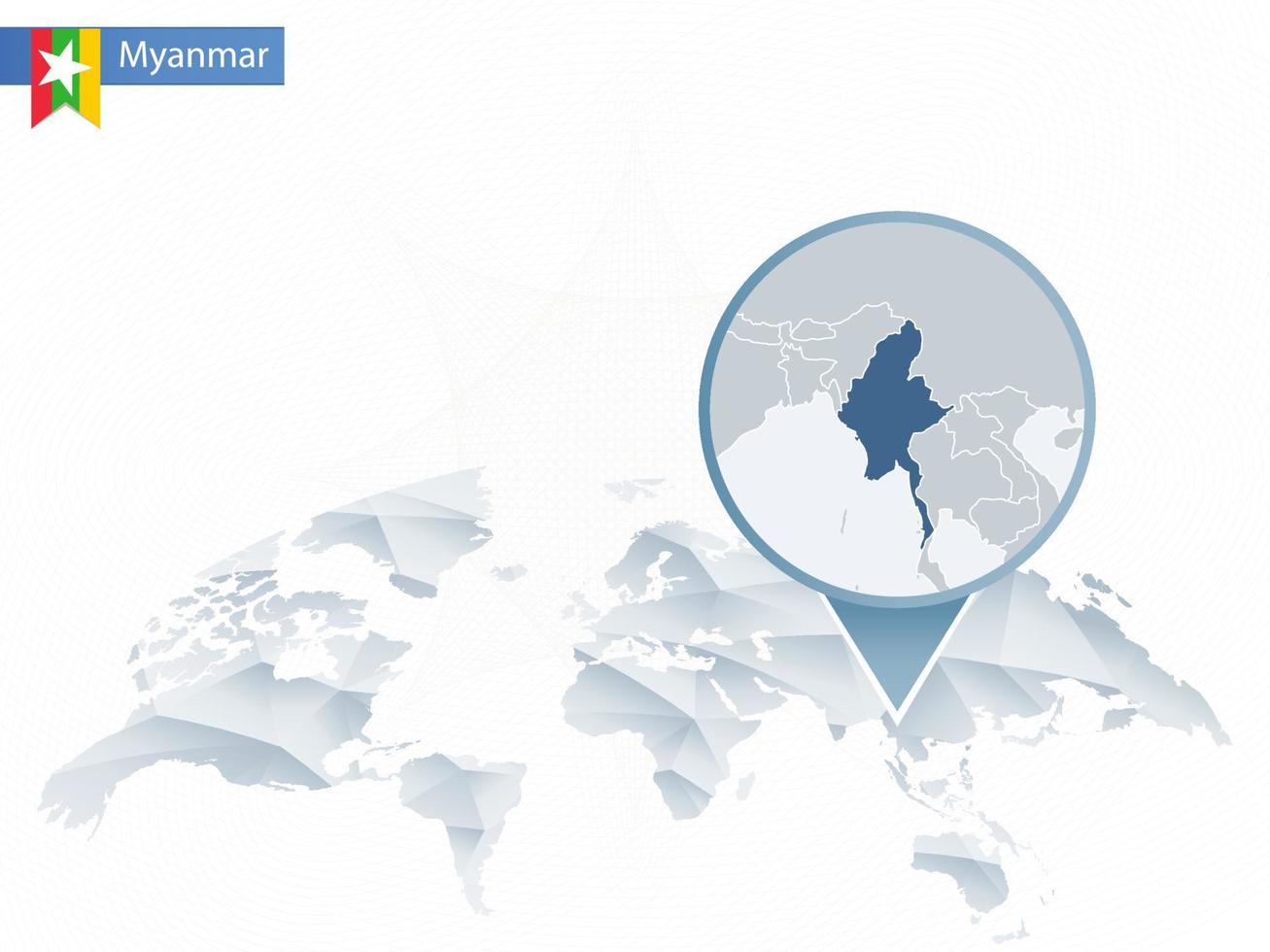 mapa del mundo redondeado abstracto con mapa de myanmar detallado anclado. vector