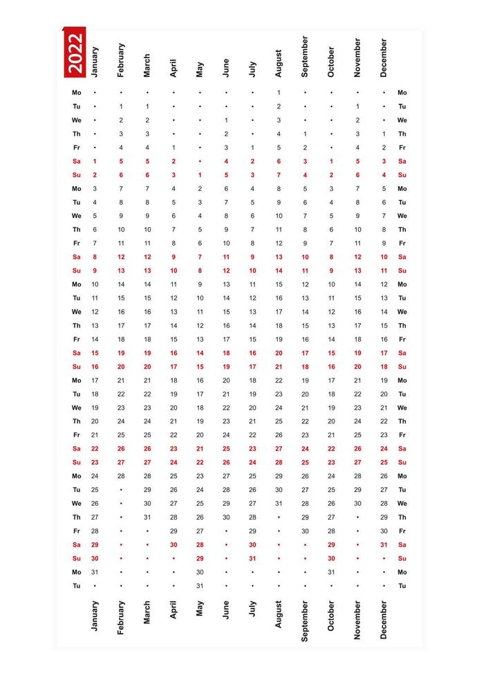 One row vertical calendar 2022, monday first day of the week. vector