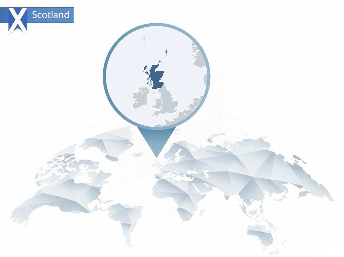 Abstract rounded World Map with pinned detailed Scotland map. vector