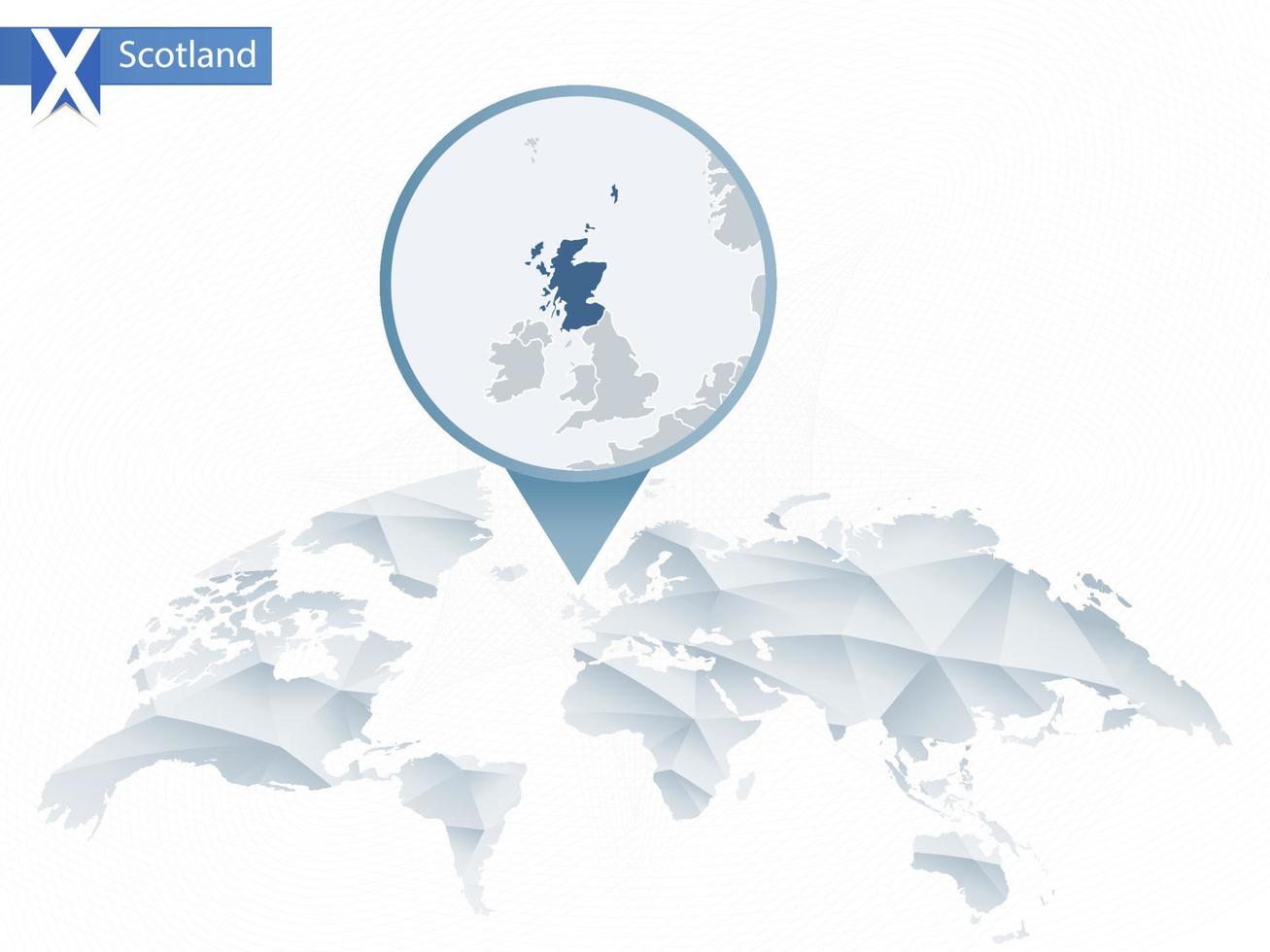 mapa del mundo redondeado abstracto con mapa de escocia detallado anclado. vector