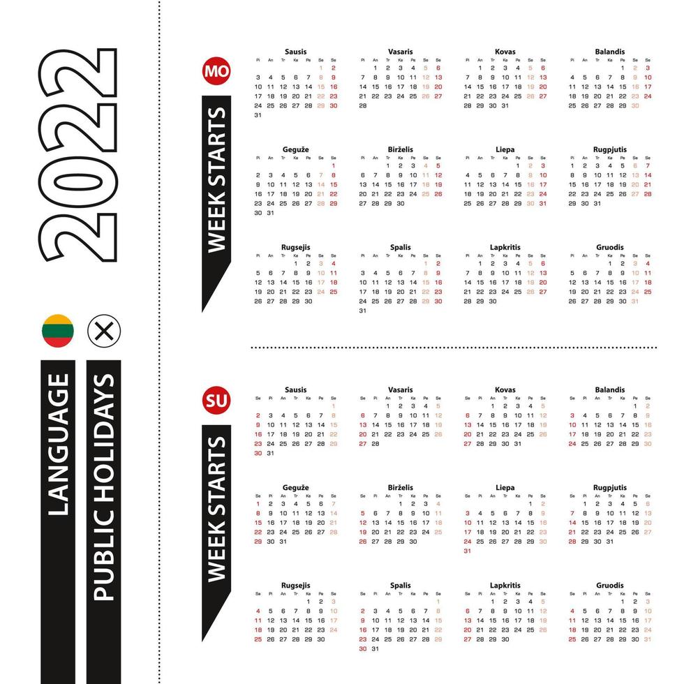 dos versiones del calendario 2022 en lituano, la semana comienza el lunes y la semana comienza el domingo. vector