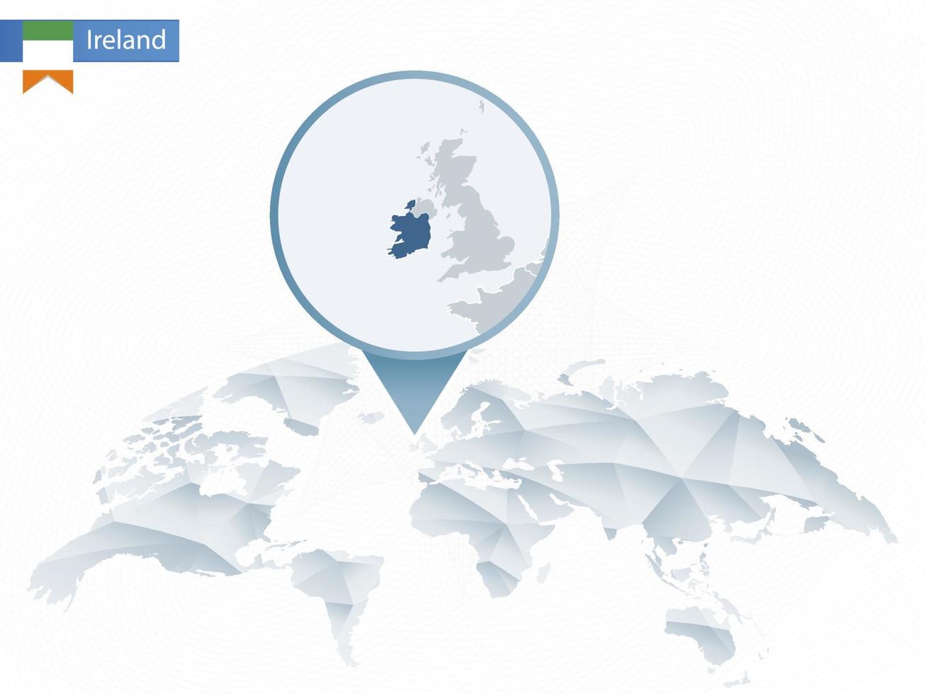 mapa del mundo redondeado abstracto con mapa de irlanda detallado anclado. vector