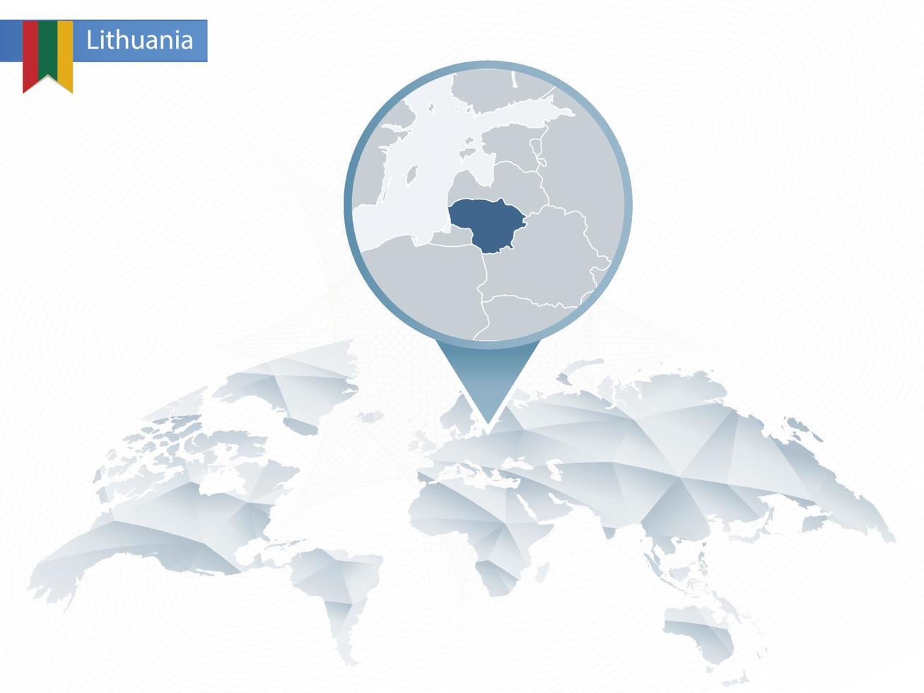 Abstract rounded World Map with pinned detailed Lithuania map. vector