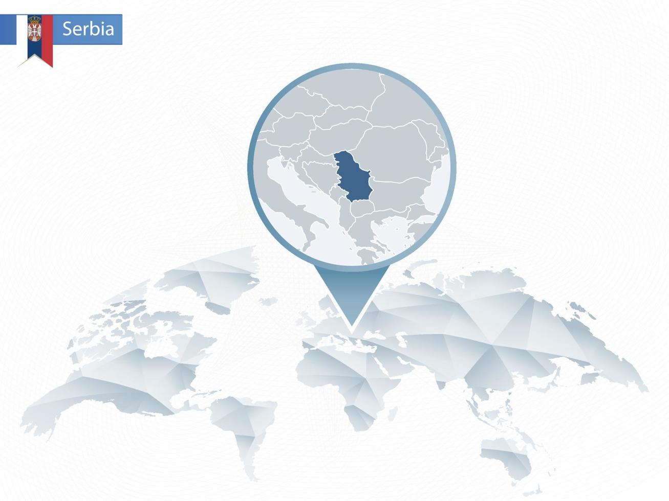 mapa del mundo redondeado abstracto con mapa de serbia detallado anclado. vector