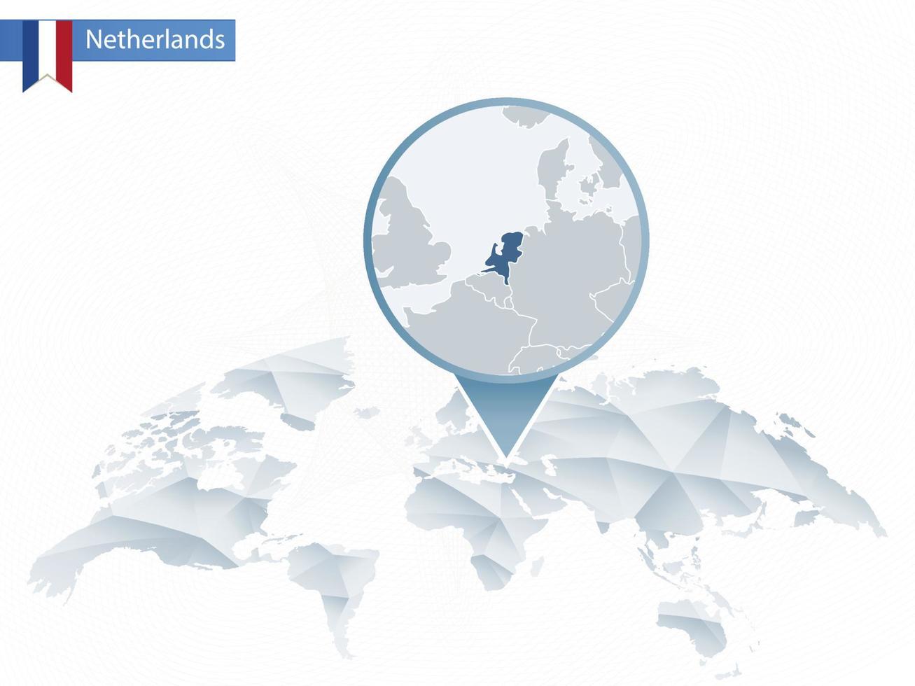 mapa del mundo redondeado abstracto con mapa de países bajos detallado anclado. vector