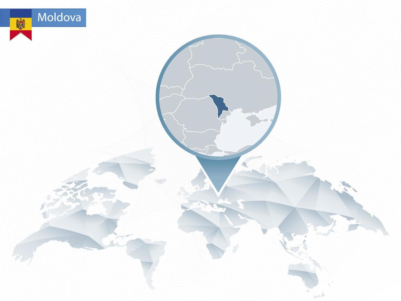 Abstract rounded World Map with pinned detailed Moldova map. vector