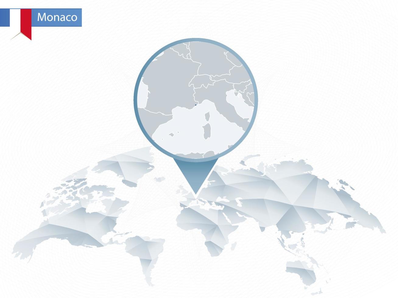 mapa del mundo redondeado abstracto con mapa de mónaco detallado anclado. vector