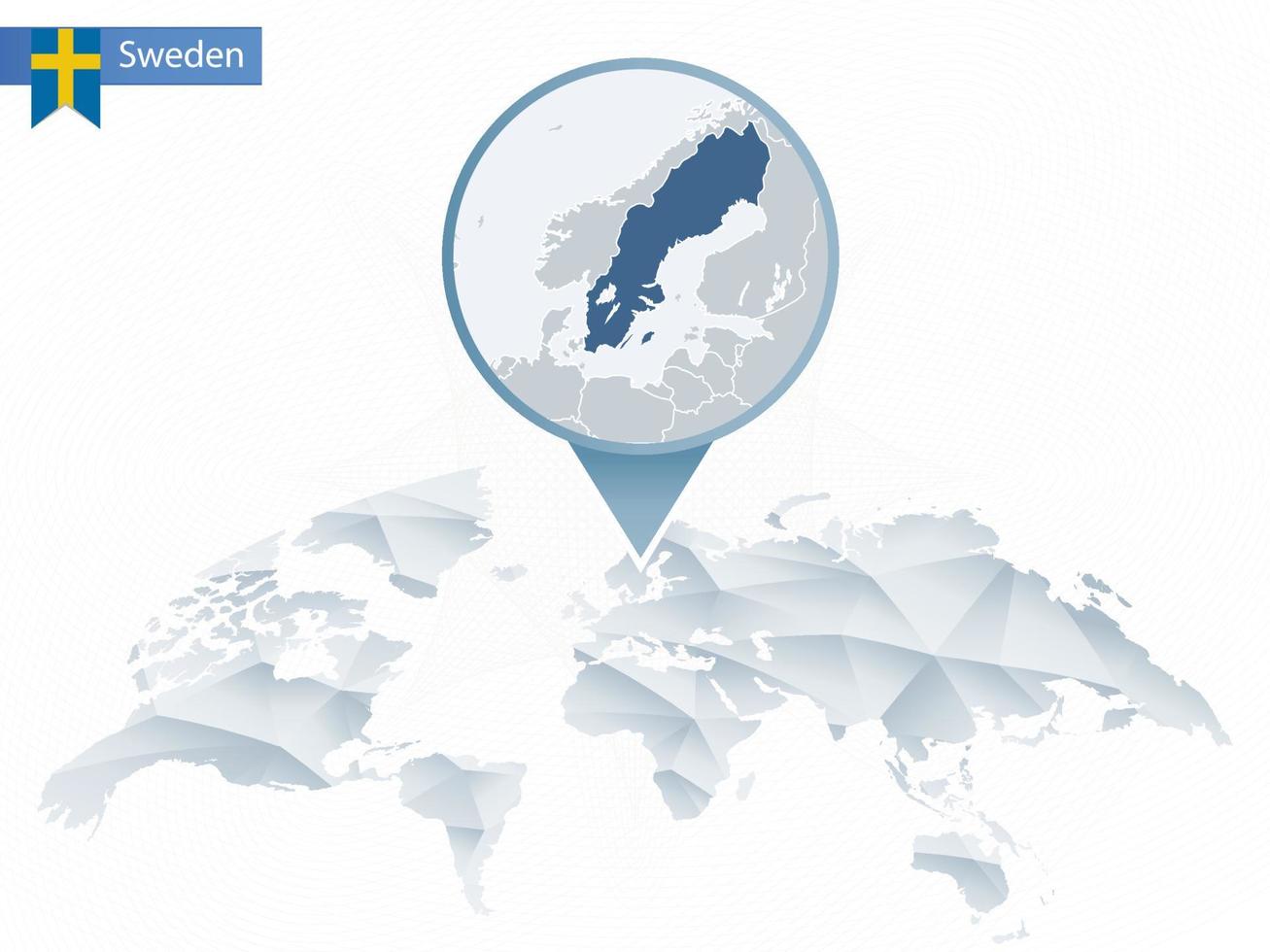 mapa del mundo redondeado abstracto con mapa de suecia detallado anclado. vector