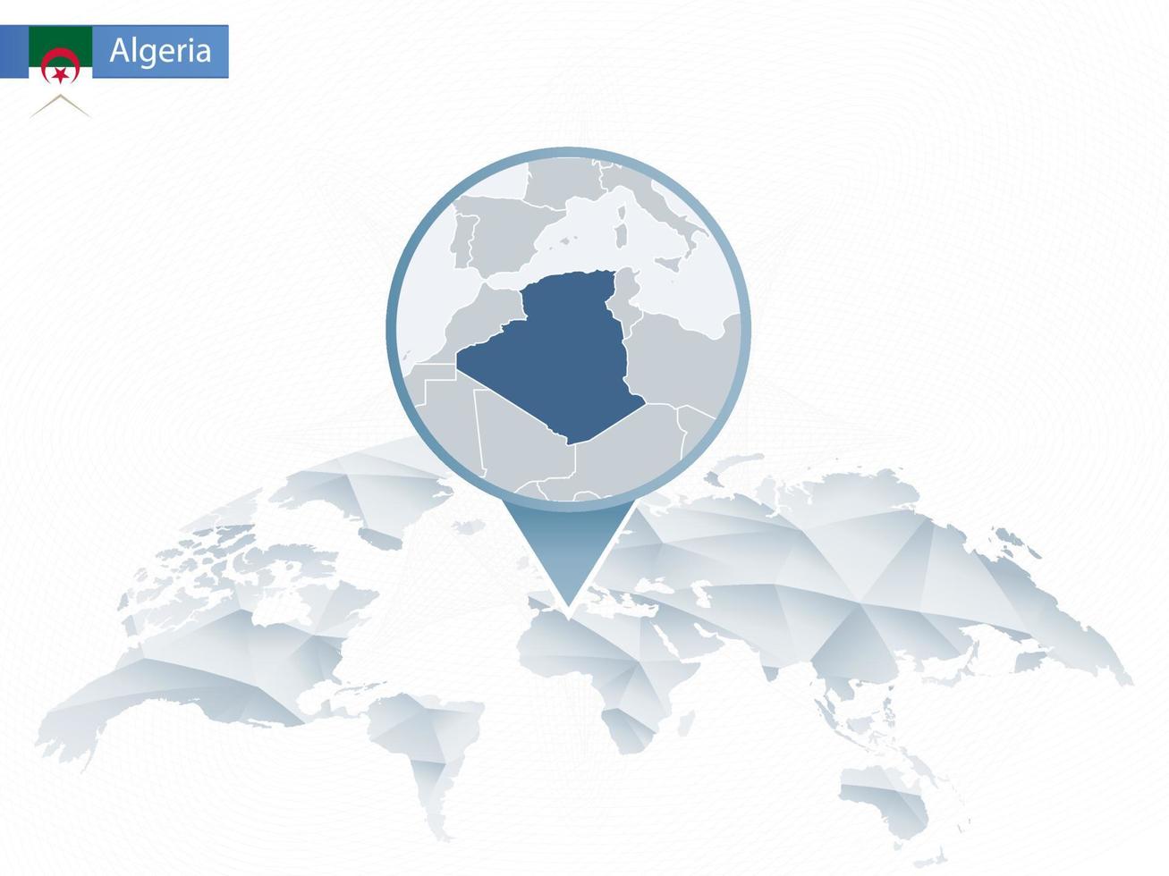 mapa del mundo redondeado abstracto con mapa de argelia detallado anclado. vector