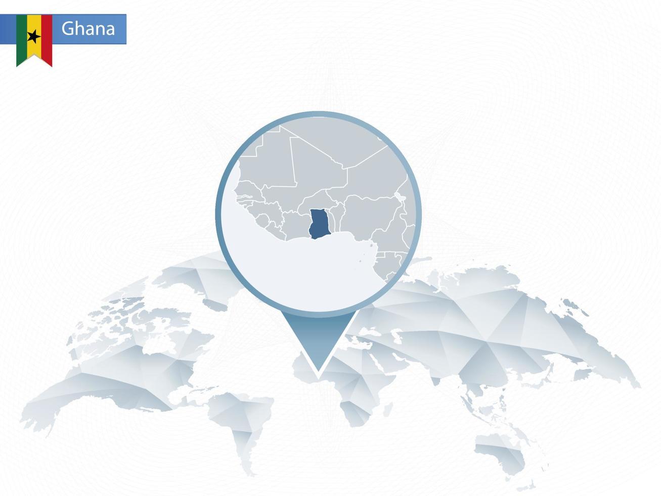 mapa del mundo redondeado abstracto con mapa de ghana detallado anclado. vector