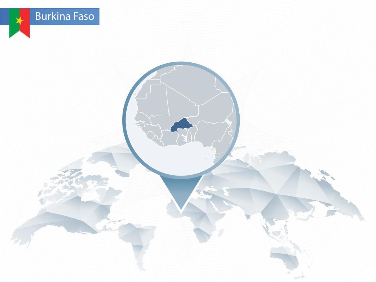 mapa del mundo redondeado abstracto con mapa de burkina faso detallado anclado. vector