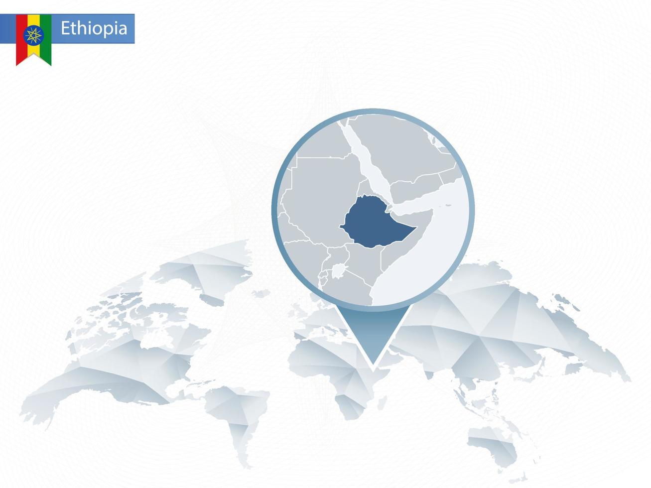 Abstract rounded World Map with pinned detailed Ethiopia map. vector