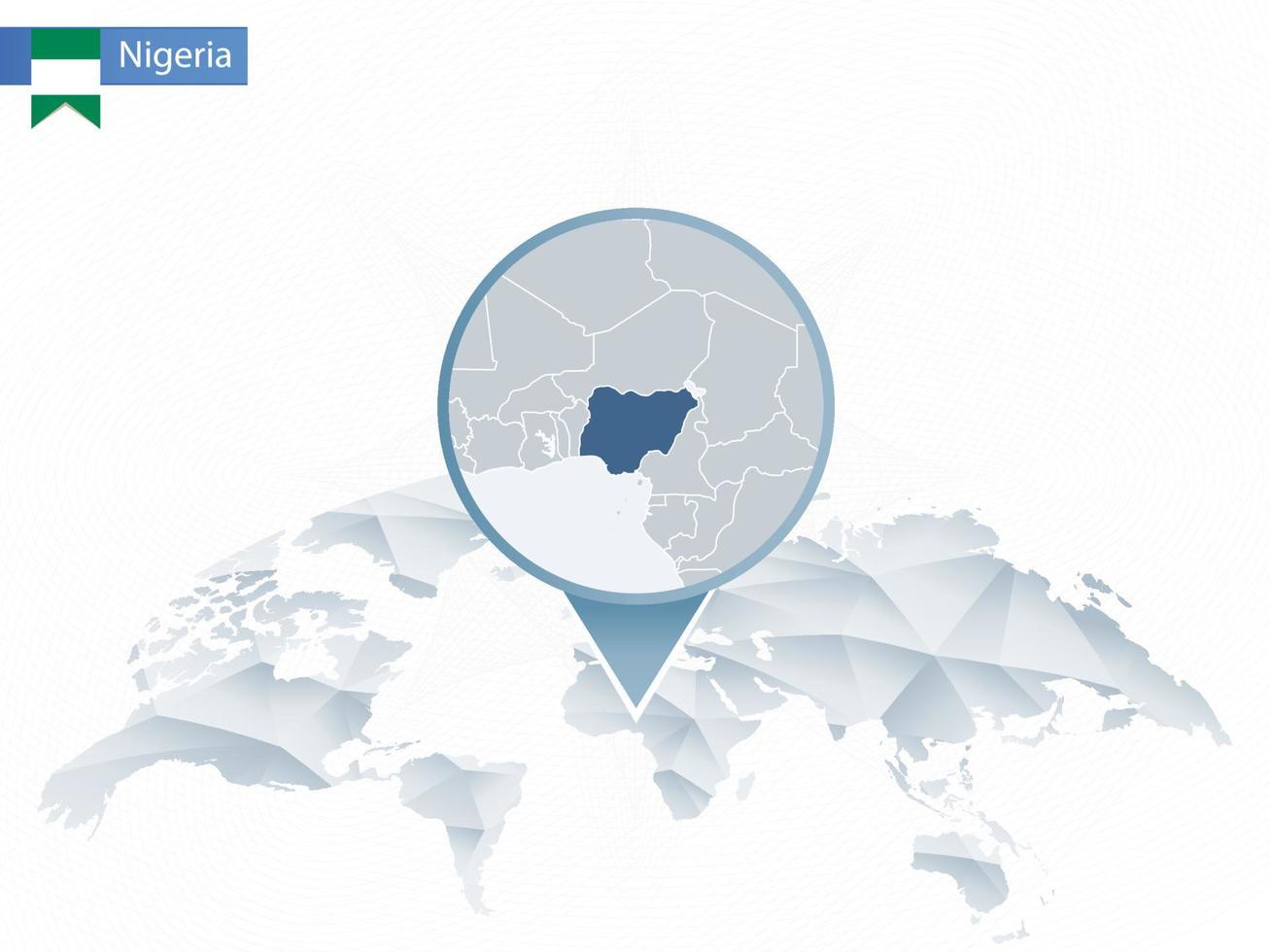 mapa del mundo redondeado abstracto con mapa de nigeria detallado anclado. vector