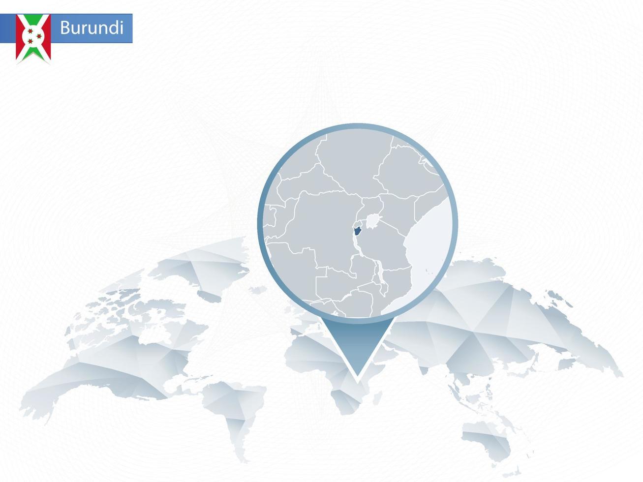 Abstract rounded World Map with pinned detailed Burundi map. vector