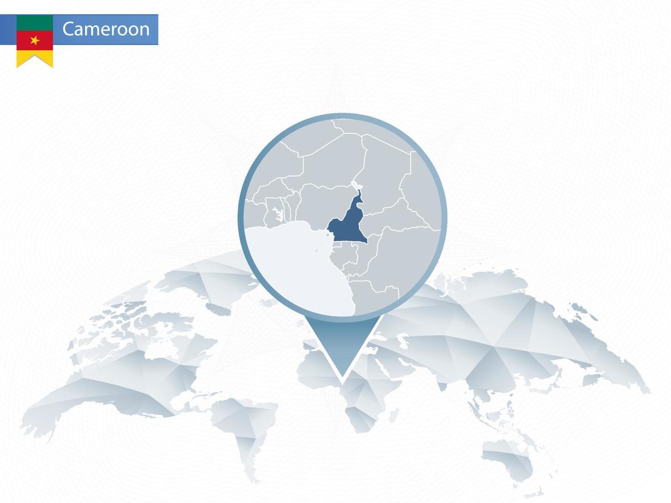 mapa del mundo redondeado abstracto con mapa de camerún detallado anclado. vector