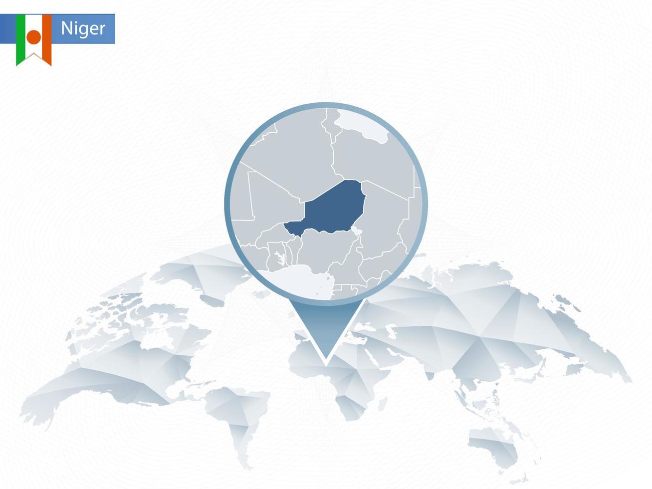 mapa del mundo redondeado abstracto con mapa de niger detallado anclado. vector