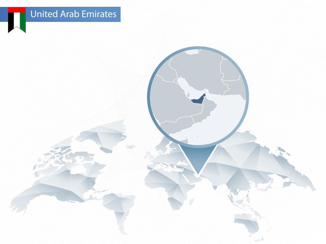 Abstract rounded World Map with pinned detailed United Arab Emirates map. vector